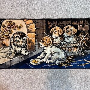 Vintage Tapestry Runner with Kitten and Puppies - Blue, Black, Cream